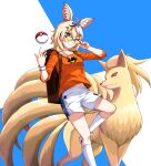  1girl adjusting_eyewear animal_ears backpack bag blonde_hair bow braid crossover dynamax_band fox_ears fox_girl gen_1_pokemon grin hair_bow hair_over_shoulder highres hololive kneehighs multicolored_hair ninetales omaru_polka one_eye_closed pink_hair poke_ball poke_ball_(basic) pokemon pokemon_(creature) shorts single_braid smile streaked_hair sunglasses virtual_youtuber white_shorts wristband yuu201023 