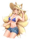  1girl animal_ear_fluff animal_ears bikini blonde_hair breasts castyx cowboy_shot cropped_legs denim denim_shorts fox_ears fox_tail frown hand_on_headwear highres large_breasts looking_at_viewer midriff multiple_tails navel short_hair shorts simple_background solo swimsuit tail touhou underboob white_background yakumo_ran yellow_eyes 