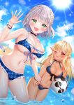  2girls bangs bare_shoulders beach blonde_hair blush breasts cleavage commentary dark-skinned_female dark_skin elf eyebrows_visible_through_hair green_eyes hair_ribbon highres holding_hands hololive kintsuba_(shiranui_flare) large_breasts looking_at_viewer midriff multiple_girls naomi_(fantasia) one_eye_closed open_mouth pointy_ears red_eyes ribbon shiranui_flare shirogane_noel silver_eyes smile sun sunlight swimsuit virtual_youtuber waving 