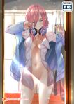  1girl 3; ass_visible_through_thighs backlighting bangs blue_cardigan blue_eyes blurry blurry_background bottomless breast_pocket breasts cardigan censored cleavage closed_mouth collarbone collared_shirt curtains dress_shirt go-toubun_no_hanayome hair_between_eyes headphones headphones_around_neck highres indoors light_censor long_hair long_sleeves looking_at_viewer medium_breasts nakano_miku naked_shirt navel off_shoulder one_eye_closed open_cardigan open_clothes open_shirt patreon_logo pink_hair pocket rubbing_eyes shiny shiny_hair shirt solo standing sydus unbuttoned unbuttoned_shirt watermark web_address white_shirt wing_collar 
