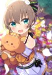  1girl :d ahoge bangs bare_shoulders blurry blurry_background blush brown_hair cat_hair_ornament collarbone commentary depth_of_field eyebrows_visible_through_hair fang green_eyes hair_between_eyes hair_ornament highres hololive jacket looking_at_viewer matsurisu natsuiro_matsuri navel object_hug off-shoulder_jacket okota_mikan open_mouth orange_jacket petals pleated_skirt puffy_short_sleeves puffy_sleeves short_sleeves side_ponytail sidelocks skirt smile solo squirrel stuffed_animal stuffed_squirrel stuffed_toy virtual_youtuber white_skirt 