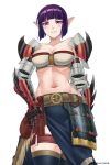  1girl absurdres armor bangs bare_shoulders belt blue_legwear blunt_bangs blush breasts brown_belt cleavage collarbone commentary cowboy_shot elbow_gloves gauntlets gloves groin hand_on_hip highres leg_belt looking_at_viewer medium_breasts midriff monster_hunter_(series) monster_hunter_rise navel parted_lips pointy_ears purple_eyes purple_hair rathalos_(armor) seraphim_throne short_hair shoulder_armor sidelocks simple_background smile solo standing strapless thighhighs tubetop twitter_username waist_cape white_background white_tubetop 