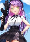  1girl assault_rifle bangs bare_arms belt beret black_headwear black_neckwear black_skirt blue_sky bow bowtie braid breasts collared_shirt colored_inner_hair commentary cowboy_shot demon_girl ear_piercing eyebrows_visible_through_hair fang frilled_shirt frills green_eyes gun h&amp;k_hk416 hair_ornament hairclip hand_on_hip hand_up hat highres holding holding_gun holding_weapon hololive long_hair looking_at_viewer medium_breasts multicolored_hair nail_polish nidaime_(doronbo) official_alternate_costume open_mouth outdoors piercing pink_hair pink_nails pleated_skirt pointy_ears purple_hair rifle shadow shiny shiny_clothes shiny_hair shirt sidelocks skin_fang skirt sky solo streaked_hair suspender_skirt suspenders swept_bangs tokoyami_towa trigger_discipline virtual_youtuber weapon 