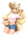 1girl animal_ear_fluff animal_ears blonde_hair breasts castyx cowboy_shot cropped_legs denim denim_shorts fox_ears fox_tail frown hand_on_headwear highres large_breasts looking_at_viewer midriff multiple_tails navel shirt short_hair shorts simple_background solo tail touhou white_background white_shirt yakumo_ran yellow_eyes 