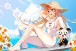  1girl :d absurdres arm_behind_head arm_support arm_up bangs bare_legs bare_shoulders barefoot blue_eyes blurry blurry_foreground blush breasts cleavage commentary day depth_of_field english_commentary food hair_between_eyes hat highres ice_cream ice_cream_cone legs long_hair medium_breasts one-piece_swimsuit open_mouth orange_hair original outdoors panda samantha_(admiral_bahroo) sitting sky smile straw_hat swimsuit twitter_username umeru_(admiral_bahroo) very_long_hair water wet white_swimsuit yuniiho 