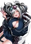  1girl :d animal_ears arknights bare_shoulders black_dress breasts china_dress chinese_clothes cleavage cleavage_cutout clothing_cutout commentary_request cowboy_shot dress fang feater_(arknights) hair_over_one_eye hand_up highres jacket large_breasts long_hair long_sleeves looking_at_viewer multicolored_hair off_shoulder open_clothes open_jacket open_mouth orange_eyes panda_ears panda_girl razu_(rus) round_eyewear silver_hair skin_fang sleeveless sleeveless_dress smile solo streaked_hair thigh_strap twintails v white_jacket 
