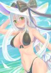  1girl aquila_(azur_lane) aquila_(sardegnian_shallows_and_sunshine)_(azur_lane) azur_lane bare_shoulders bikini black_bikini black_bow black_ribbon bow braid breasts center_opening covered_nipples dutch_angle eyebrows_visible_through_hair green_eyes hat highleg highleg_bikini highres holding holding_clothes holding_hat large_breasts long_hair looking_at_viewer official_alternate_costume ribbon see-through single_braid solo sun_hat swimsuit very_long_hair water white_hair white_headwear zusshii_(libertasgenesis) 