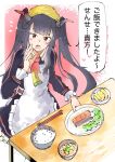  1girl apron black_hair blue_archive bowl chopsticks commentary_request food fuuka_(blue_archive) hair_between_eyes highres horns long_hair looking_at_viewer open_mouth plate red_eyes rice_bowl school_uniform so_shi_te solo table translation_request twintails 