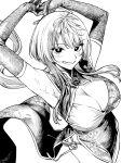  1girl arms_up bangs black_eyes blush breasts bright_pupils china_dress chinese_clothes cleavage cleavage_cutout clothing_cutout copyright_request cowboy_shot crosshatching dress elbow_gloves gloves grey_gloves greyscale hatching_(texture) highres ice_reizou large_breasts long_hair looking_at_viewer monochrome original parted_lips simple_background smile solo white_background white_pupils 
