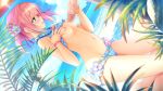  1boy 1girl asagiri_mai bangs beach bikini bikini_lift blonde_hair blue_bikini blue_flower blue_sky breasts censored clothes_lift cloud dutch_angle eyebrows_visible_through_hair flower game_cg green_eyes groin hair_flower hair_ornament hair_ribbon iris_mysteria! kneeling medium_hair mosaic_censoring navel nipples ocean official_art open_mouth penis profile red_ribbon ribbon shiny shiny_hair sky small_breasts summer swimsuit twintails yoake_mae_yori_ruri_iro_na 