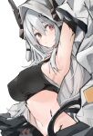  1girl arknights arm_up bangs black_bra blush bra breasts covered_nipples grey_hair hair_between_eyes highres hood hood_up large_breasts long_hair midriff mikojin mudrock_(arknights) navel parted_lips red_eyes simple_background solo sports_bra sweat underwear undressing upper_body white_background 