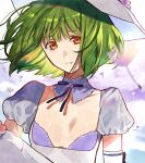  1girl absurdres alternate_costume bangs breasts brown_eyes collarbone dandelion_seed detached_collar eyebrows_visible_through_hair floating_hair green_hair hat highres looking_at_viewer low_neckline macross macross_frontier neck_ribbon parted_lips pote-mm puffy_short_sleeves puffy_sleeves ranka_lee ribbon short_sleeves small_breasts solo sun_hat upper_body 