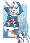  1girl :d absurdres animal_costume animal_hood ankle_socks bangs blue_eyes blue_hair blue_hoodie blue_legwear blue_nails commentary drawstring eyebrows_visible_through_hair fish_tail gawr_gura gazacy_(dai) highres holding holding_weapon hololive hololive_english hood hood_up hoodie hoodie_dress leg_up letter long_hair long_sleeves looking_at_viewer multicolored_hair nail_polish open_mouth polearm shark_costume shark_hood shark_tail sharp_teeth shoes silver_hair smile solo standing standing_on_one_leg streaked_hair tail teeth trident virtual_youtuber weapon white_footwear 