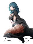  1girl arm_guards armor ass bangs black_cape black_shirt black_shorts blue_eyes blue_hair boots breasts broken_armor byleth_(fire_emblem) byleth_(fire_emblem)_(female) cape commentary_request eyebrows_visible_through_hair fire_emblem fire_emblem:_three_houses from_side frown full_body hair_between_eyes high_heel_boots high_heels highres igusaharu knee_boots knee_guards kneeling large_breasts legs long_hair looking_at_viewer looking_to_the_side pantyhose patterned_clothing shadow sheer_legwear shiny shiny_clothes shiny_hair shirt short_shorts shorts shoulder_armor sidelocks simple_background solo thighs torn_cape torn_clothes torn_shirt torn_shorts white_background 