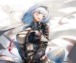 1girl armor armored_dress bangs belt between_breasts blood blood_on_face blood_splatter blue_hair blue_shirt blurry blurry_background braid breasts chest_belt chest_strap cleavage_cutout clothing_cutout collared_shirt colored_inner_hair commentary dated fingerless_gloves gauntlets gloves green_eyes hairband head_tilt highres hololive kinoko_(shikimylove) large_breasts long_sleeves looking_to_the_side medium_hair multicolored_hair multicolored_shirt open_mouth shiny shiny_clothes shirogane_noel shirt shoulder_armor sidelocks silver_hair solo strap_between_breasts swept_bangs twitter_username upper_teeth virtual_youtuber white_shirt 