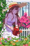  1girl bangs breasts brown_hair cleavage closed_eyes collarbone english_commentary flower hair_behind_ear hair_flower hair_ornament hat highres light_smile long_hair medium_breasts miori_celesta orange_flower parted_lips pink_flower red_flower solo straw_hat tannya tsunderia virtual_youtuber watering watering_can white_flower 