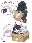  ... 1other 2girls :3 ambiguous_gender animal_ear_fluff animal_ears animalization arknights black_gloves black_hair black_jacket blaze_(arknights) blue_eyes blush box cardboard_box cat_ears chibi commentary doctor_(arknights) fang gloves green_eyes grey_hair hairband holding holding_box hood hood_up in_box in_container jacket mask multiple_girls musical_note penguin_logistics_logo red_hairband rosmontis_(arknights) simple_background smug someyaya spoken_ellipsis white_background white_gloves 