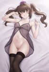  1girl babydoll bangs black_dress black_legwear blush breasts brown_hair commentary dress eyebrows_visible_through_hair feet_out_of_frame hair_between_eyes hat himekaidou_hatate long_hair looking_at_viewer lying navel ni_(221) nipples on_back on_bed open_mouth pointy_ears pussy see-through small_breasts solo thighhighs tokin_hat touhou twintails 