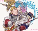  1boy 1girl arthur_(fire_emblem) axe bangs blonde_hair blue_hair fire_emblem fire_emblem_fates fisheep green_eyes holding holding_axe holding_lance holding_polearm holding_weapon lance looking_at_viewer medium_hair multicolored_hair peri_(fire_emblem) pink_hair polearm red_eyes two-tone_hair upper_body weapon 