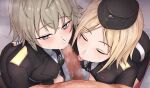  1boy 2girls :&gt;= ass_grab bangs black_gloves blonde_hair blue_eyes censored closed_eyes cum cum_on_clothes eyebrows_visible_through_hair facial fellatio ffm_threesome garrison_cap girls_frontline gloves grabbing_another&#039;s_ass grey_hair groping group_sex hat hetero highres jacket licking licking_penis looking_at_viewer military military_uniform mizukamakiri mosaic_censoring mp40_(girls_frontline) mp41_(girls_frontline) multiple_fellatio multiple_girls necktie oral penis pov short_hair threesome tongue tongue_out uniform 