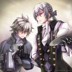  2boys bangs blue_eyes breasts closed_mouth collared_shirt dwyer_(fire_emblem) father_and_son fire_emblem fire_emblem_fates gloves grey_hair holding holding_tray jakob_(fire_emblem) male_focus medium_breasts multiple_boys open_mouth red_eyes shirt shuri_yasuyuki teapot tray upper_body 