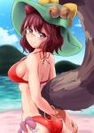  1girl animal_ears ass beach bell bikini blue_sky blush bracelet breasts commentary_request day futatsuiwa_mamizou glasses green_headwear halterneck hat hat_bell highres jewelry jingle_bell large_breasts looking_at_viewer looking_back nioti ocean outdoors pince-nez raccoon_ears raccoon_tail red_bikini short_hair sideboob sky smile solo swimsuit tail tanuki touhou 