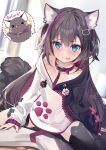  &gt;_&lt; 1girl :d :p animal animal_ear_fluff animal_ear_legwear animal_ears bangs black_cat black_hair black_hoodie black_legwear blue_eyes blurry blurry_background blush cat cat_ear_legwear cat_ears cat_girl cat_tail closed_eyes closed_mouth collar commentary_request depth_of_field dotted_line eyebrows_visible_through_hair fang hair_between_eyes hood hood_down hoodie leash long_sleeves multicolored_hair notice_lines open_mouth original puffy_long_sleeves puffy_sleeves red_collar red_hair revision shirokitsune sleeves_past_wrists smile solo_focus straddling streaked_hair tail thighhighs tongue tongue_out white_hoodie xd 
