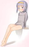  1girl bare_legs barefoot blush breasts closed_mouth dated full_body grey_sweater hairband highres legs long_hair long_sleeves looking_at_viewer original purple_eyes purple_hair ribbed_sweater signature sitting small_breasts smile solo sweater turtleneck turtleneck_sweater very_long_hair yellow_hairband yone_kinji 