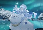  1girl animal_ears aurora bangs bear closed_eyes coat fate/grand_order fate_(series) fireworks gloves hat holding ice jewelry long_hair mono_(freerotary) mountain necklace open_mouth riding silver_hair sitonai_(fate) smile snow_mountain white_gloves white_headwear winter_clothes winter_coat 