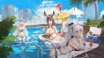  4girls absurdres adjusting_eyewear alternate_costume amiya_(arknights) animal_ears arknights bare_arms bare_legs bare_shoulders bikini black_bikini black_swimsuit blue_bikini breasts brown_hair bunny_ears can cityscape commentary_request cooler cup drinking_glass exusiai_(arknights) eyewear_on_head frilled_swimsuit frills halo highres holding holding_can horns inflatable_orca inflatable_toy innertube koi_han large_breasts long_hair low-tied_long_hair medium_breasts multi-strapped_bikini multiple_girls outdoors partially_submerged plant ponytail pool pool_ladder red_eyes red_hair shining_(arknights) short_hair silver_hair sitting skadi_(arknights) smile soda_can sunglasses swimsuit tree umbrella wading 
