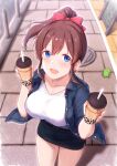  1girl bangs blue_eyes blurry breasts brown_hair bubble_tea cai_geng chalkboard_sign chupacabra_(idolmaster) collarbone cup depth_of_field disposable_cup drinking_straw eyebrows_visible_through_hair foreshortening highres holding holding_cup idolmaster idolmaster_million_live! jacket large_breasts long_hair open_mouth pavement pencil_skirt ponytail ribbon road satake_minako skirt solo street 