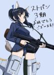  1girl animal_ears bad_id bad_twitter_id bangs black_hair blue_background blue_jacket blue_ribbon blue_swimsuit brown_eyes closed_mouth commentary congratulations crotch_seam dog_ears dog_tail drum_magazine floating frown gun hair_ribbon hattori_shizuka heavy_machine_gun holding holding_gun holding_weapon jacket long_sleeves looking_to_the_side machine_gun magazine_(weapon) medium_hair military military_uniform ribbon solo strike_witches striker_unit swimsuit swimsuit_under_clothes tail tomitsuka translated type_99_cannon uniform weapon world_witches_series 