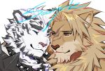  2boys animal_ears arknights bara chain_necklace character_request crossover face furry head_to_head highres li_geduld lion_boy lion_ears looking_at_another male_focus mountain_(arknights) multiple_boys muscular muscular_male personification scar scar_across_eye short_hair smile thick_eyebrows tiger_boy tiger_ears white_fur white_hair yaoi 