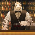  1boy absurdres alternate_costume animal_ears arknights bar bartender black_vest bow bowtie cup drinking_glass formal furry highres male_focus mountain_(arknights) niwan scar scar_across_eye shirt short_hair sleeves_rolled_up smile solo tiger_boy tiger_ears upper_body vest white_fur white_hair white_shirt wine_glass 