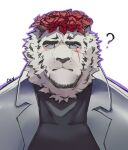  1boy ? alternate_costume animal_ears arknights blush flower furry head_wreath highres male_focus mountain_(arknights) rose sak_(sakarov_) scar scar_across_eye short_hair solo tiger_boy tiger_ears upper_body white_fur white_hair 