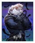  1boy 5cm_housamo animal_ears arknights bara black_feathers from_side furry hand_on_own_head highres looking_at_viewer male_focus medium_hair mountain_(arknights) mountain_(dark_cloud)_(arknights) muscular muscular_male official_alternate_costume solo tiger_boy tiger_ears tying_hair upper_body white_fur 