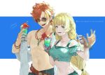  1boy 1girl 91007 alternate_costume blonde_hair fire_emblem fire_emblem:_three_houses fire_emblem_heroes food green_eyes ice_cream ingrid_brandl_galatea jewelry melon_soda necklace official_alternate_costume open_mouth red_hair sunglasses swimsuit sylvain_jose_gautier 