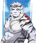  1boy abs alternate_costume animal_ears arknights bara bare_pectorals furry highres large_pectorals lifeguard male_focus mountain_(arknights) muscular muscular_male nipples pectorals sak_(sakarov_) scar scar_across_eye scar_on_chest short_hair smile solo stomach tiger_boy tiger_ears upper_body whistle whistle_around_neck white_fur white_hair 