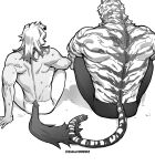  2boys animal_ears arknights back bara bare_shoulders detached_sleeves dog_boy dog_ears from_behind full_body furry greyscale highres hung_(arknights) male_focus monochrome mountain_(arknights) multiple_boys muscular muscular_male navel pectorals shirtless short_hair sidepec sigppang_(2shot00002) sitting size_difference sweat tails_touching tiger_boy tiger_ears two-tone_fur white_fur white_hair yaoi 