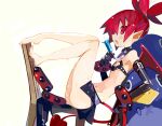  1girl ass bare_legs demon_girl demon_tail demon_wings disgaea etna fang flat_chest food highres holding holding_food legs looking_at_viewer makai_senki_disgaea miyakawa106 navel open_mouth pointy_ears popsicle prinny red_eyes red_hair short_hair sitting solo sweat tail twintails wings 