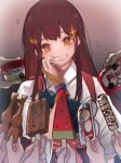  1girl 6+others akagi_(kancolle) bangs brown_eyes brown_gloves brown_hair commentary_request flying_sweatdrops food gloves grin haagen-dazs highres ice_cream ice_cream_cup japanese_clothes kantai_collection long_hair multiple_others muneate papico_(ice_cream) partially_fingerless_gloves pino_(food) popsicle ruohire9 single_glove smile solo_focus sparkle straight_hair tasuki upper_body watermelon_bar yugake yukimi_daifuku_(food) 