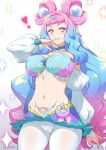  1girl artist_name blue_hair breasts choker closed_mouth commentary_request covered_nipples cure_la_mer heart highres joy_ride large_breasts laura_(precure) long_hair long_sleeves looking_at_viewer midriff multicolored_hair navel pink_eyes pink_hair precure smile solo spoilers tropical-rouge!_precure two-tone_hair very_long_hair white_background white_choker 