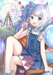  1girl :d amusement_park animal_ears balloon bangs bench blue_eyes blue_hair blue_nails blunt_bangs blush cat_ears crepe day eyebrows_visible_through_hair ferris_wheel fish_tail food gawr_gura hair_ornament highres hololive hololive_english legs looking_at_viewer lydia601304 multicolored_hair official_alternate_costume open_mouth outdoors sandals shark_girl shark_tail sharp_teeth side_ponytail silver_hair sitting smile solo streaked_hair tail teeth virtual_youtuber white_hair 