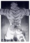  1boy abs absurdres animal_ears anus arknights ass back bara completely_nude crrispy_shark flaccid from_behind furry highres large_pectorals male_focus mountain_(arknights) muscular muscular_male nipples nude outstretched_arms pectorals penis scar scar_across_eye short_hair solo spread_arms stomach sweat tail thick_thighs thighs tiger_boy tiger_ears tiger_tail white_fur 