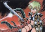  1980s_(style) 1girl armor choker copyright_name green_hair highres holding holding_shield holding_sword holding_weapon horns kahm manabe_jouji medium_hair monster navel official_art open_mouth outlanders retro_artstyle scan shield shoulder_armor solo sword thigh_strap upper_teeth weapon 