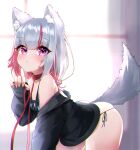  1girl absurdres animal_collar animal_ear_fluff animal_ears ass bangs bare_shoulders bikini black_jacket blurry blurry_background blush closed_mouth collar commentary_request cowboy_shot eto_(eto96-1114) eyebrows_visible_through_hair fox_ears fox_tail hand_up highres huge_filesize jacket leash long_hair long_sleeves looking_at_viewer md5_mismatch multicolored_hair off_shoulder original paw_hair_ornament purple_eyes red_hair resolution_mismatch shiny shiny_hair side-tie_bikini silver_hair skindentation solo source_larger streaked_hair swimsuit tail underwear 