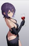  1girl absurdres alcohol ass back bangs bare_shoulders black_choker black_dress black_gloves breasts butt_crack chainsaw_man choker cleavage collarbone cup dress drid drinking_glass elbow_gloves gloves green_eyes grenade_pin hair_bun highres large_breasts looking_at_viewer purple_hair reze_(chainsaw_man) short_hair smile solo wine wine_glass 