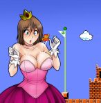  1boy 1girl bare_shoulders blue_eyes blue_sky blush breasts brown_hair castle choker cleavage cloud commentary cosplay cowboy_shot crown dress english_commentary erika_(living_with_hipstergirl_and_gamergirl) eyebrows_visible_through_hair flag flagpole gloves hands_up highres jago_dibuja large_breasts living_with_hipstergirl_and_gamergirl long_hair mario mario_(series) mixed-language_commentary open_mouth pink_choker pink_dress princess_peach princess_peach_(cosplay) sky solo_focus spanish_commentary strapless strapless_dress super_mario_bros. white_gloves 