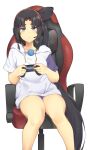  1girl :&lt; bangs black_hair blue_eyes blush breasts chair closed_mouth contemporary controller dualshock fate/grand_order fate_(series) game_controller gamepad gaming_chair hair_bun headphones headset highres long_hair looking_at_viewer medium_breasts p!nta parted_bangs playing_games playstation_controller shirt short_sleeves side_bun side_ponytail sidelocks simple_background sitting thick_eyebrows thighs ushiwakamaru_(fate) very_long_hair white_background white_shirt 