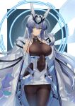  1girl :3 absurdres azur_lane black_legwear blue_eyes blue_hair bodystocking bracelet breasts closed_mouth coat coat_on_shoulders covered_navel cowboy_shot elbow_gloves gloves hand_up headgear high-waist_skirt highres huge_filesize jewelry large_breasts long_hair looking_at_viewer new_jersey_(azur_lane) open_clothes open_coat skirt smile solo sparkling_eyes straight_hair tnr_(horiko1525) underbust very_long_hair white_coat white_gloves white_skirt 